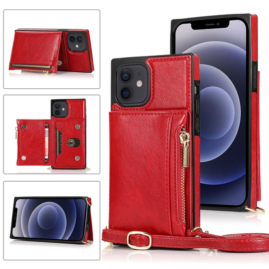 For iPhone 12 mini Square Zipper Wallet Bag TPU+PU Back Cover Case with Holder & Card Slots & Wallet & Cross-body Strap (Red) - iPhone 12 mini Cases by buy2fix | Online Shopping UK | buy2fix
