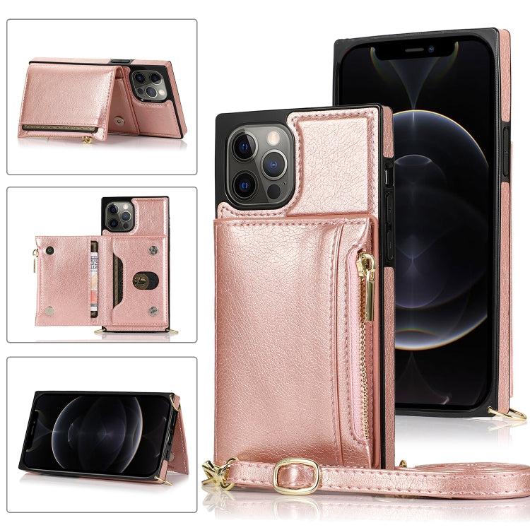 For iPhone 12 / 12 Pro Square Zipper Wallet Bag TPU+PU Back Cover Case with Holder & Card Slots & Wallet & Cross-body Strap(Rose Glod) - iPhone 12 / 12 Pro Cases by buy2fix | Online Shopping UK | buy2fix