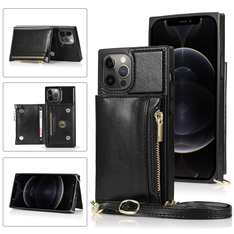 For iPhone 12 / 12 Pro Square Zipper Wallet Bag TPU+PU Back Cover Case with Holder & Card Slots & Wallet & Cross-body Strap(Black) - iPhone 12 / 12 Pro Cases by buy2fix | Online Shopping UK | buy2fix