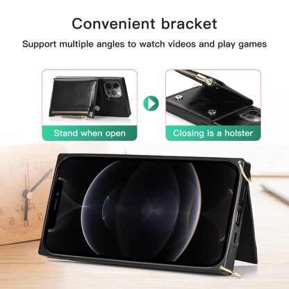 For iPhone 12 / 12 Pro Square Zipper Wallet Bag TPU+PU Back Cover Case with Holder & Card Slots & Wallet & Cross-body Strap(Black) - iPhone 12 / 12 Pro Cases by buy2fix | Online Shopping UK | buy2fix