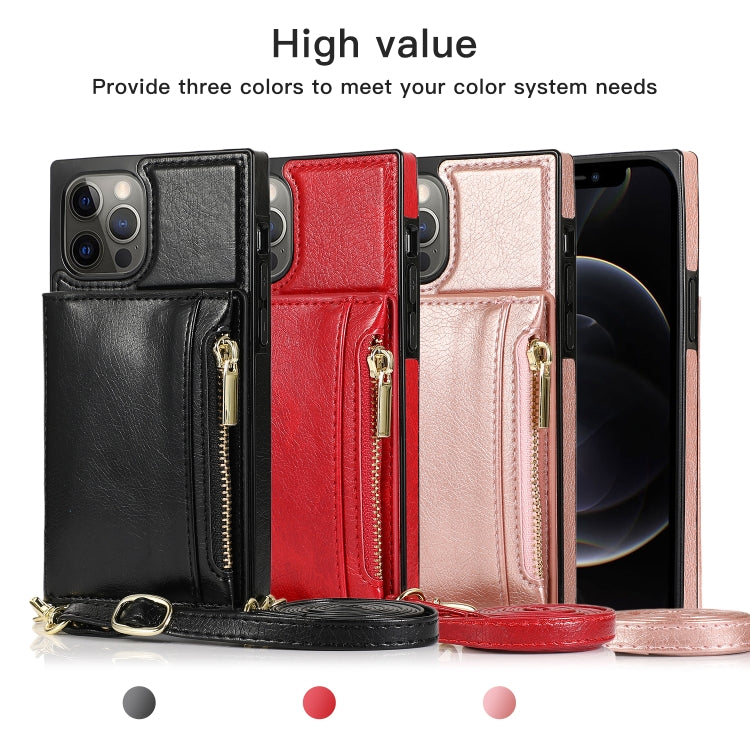 For iPhone 12 / 12 Pro Square Zipper Wallet Bag TPU+PU Back Cover Case with Holder & Card Slots & Wallet & Cross-body Strap(Red) - iPhone 12 / 12 Pro Cases by buy2fix | Online Shopping UK | buy2fix