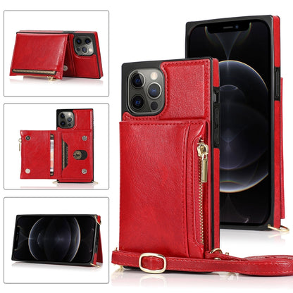 For iPhone 12 Pro Max Square Zipper Wallet Bag TPU+PU Back Cover Case with Holder & Card Slots & Wallet & Cross-body Strap(Red) - iPhone 12 Pro Max Cases by buy2fix | Online Shopping UK | buy2fix