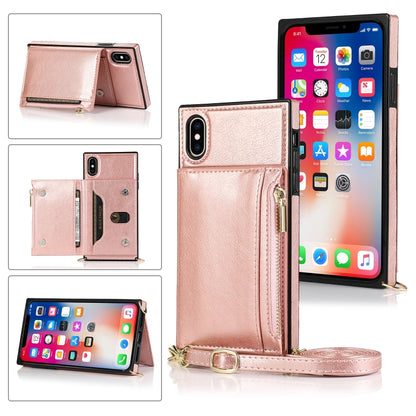 For iPhone X / XS Square Zipper Wallet Bag TPU+PU Back Cover Case with Holder & Card Slots & Wallet & Cross-body Strap(Rose Glod) - More iPhone Cases by buy2fix | Online Shopping UK | buy2fix