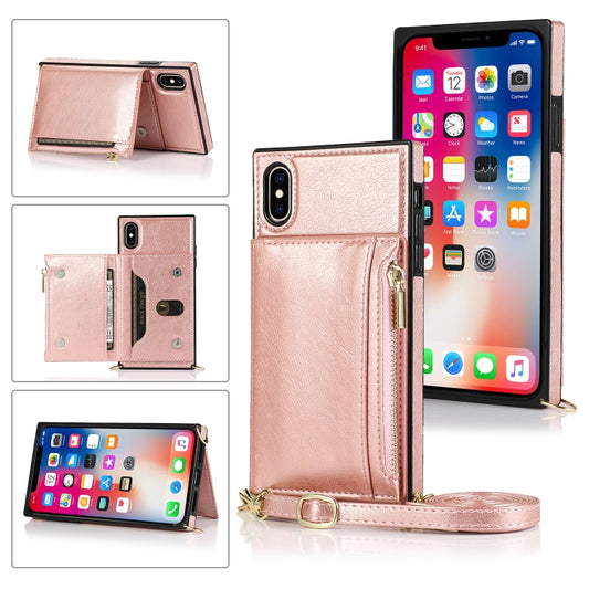 For iPhone X / XS Square Zipper Wallet Bag TPU+PU Back Cover Case with Holder & Card Slots & Wallet & Cross-body Strap(Rose Glod) - More iPhone Cases by buy2fix | Online Shopping UK | buy2fix