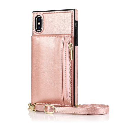 For iPhone X / XS Square Zipper Wallet Bag TPU+PU Back Cover Case with Holder & Card Slots & Wallet & Cross-body Strap(Rose Glod) - More iPhone Cases by buy2fix | Online Shopping UK | buy2fix