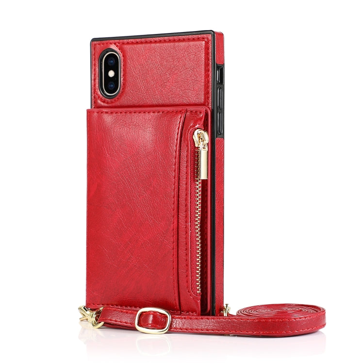 For iPhone X / XS Square Zipper Wallet Bag TPU+PU Back Cover Case with Holder & Card Slots & Wallet & Cross-body Strap(Red) - More iPhone Cases by buy2fix | Online Shopping UK | buy2fix