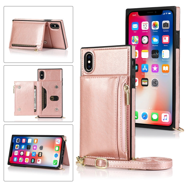 For iPhone XS Max Square Zipper Wallet Bag TPU+PU Back Cover Case with Holder & Card Slots & Wallet & Cross-body Strap(Rose Glod) - More iPhone Cases by buy2fix | Online Shopping UK | buy2fix
