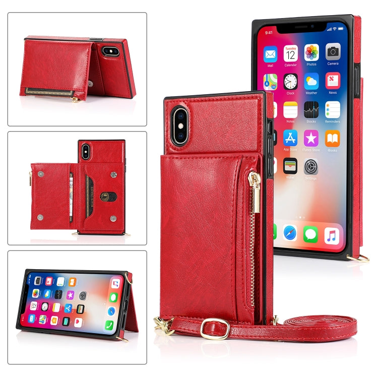 For iPhone XS Max Square Zipper Wallet Bag TPU+PU Back Cover Case with Holder & Card Slots & Wallet & Cross-body Strap(Red) - More iPhone Cases by buy2fix | Online Shopping UK | buy2fix