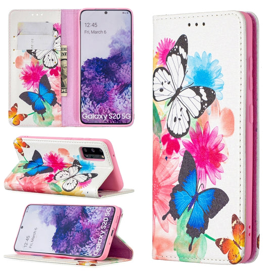 For Samsung Galaxy S20 Colored Drawing Pattern Invisible Magnetic Horizontal Flip PU Leather Case with Holder & Card Slots & Wallet(Two Butterflies)
