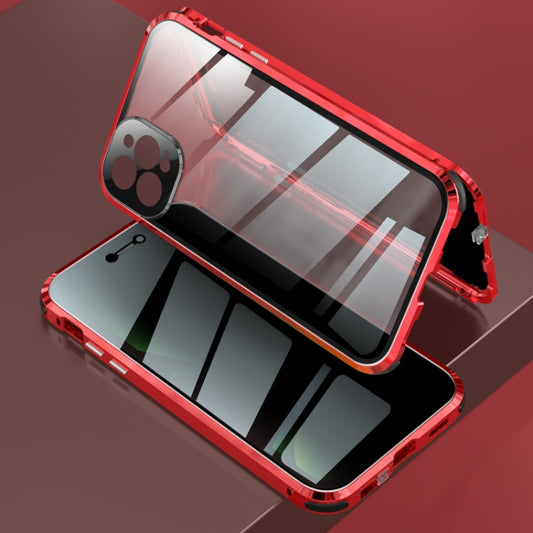For iPhone 12 Pro Four-corner Shockproof Anti-peeping Magnetic Metal Frame Double-sided Tempered Glass Case(Red) by buy2fix