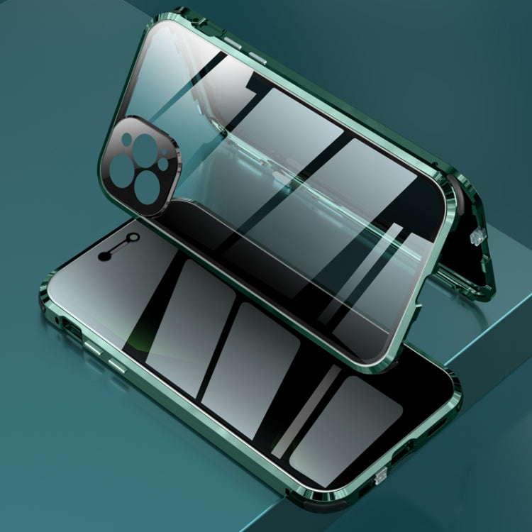 For iPhone 12 Pro Four-corner Shockproof Anti-peeping Magnetic Metal Frame Double-sided Tempered Glass Case(Dark Green) by buy2fix