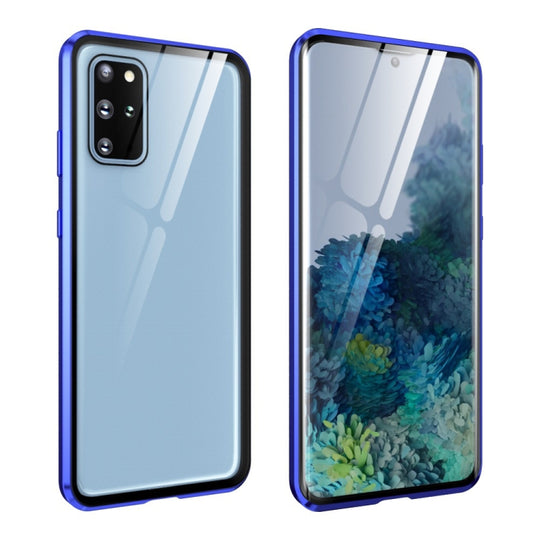 For Samsung Galaxy S20+ Magnetic Metal Frame Double-sided Tempered Glass Case(Blue)