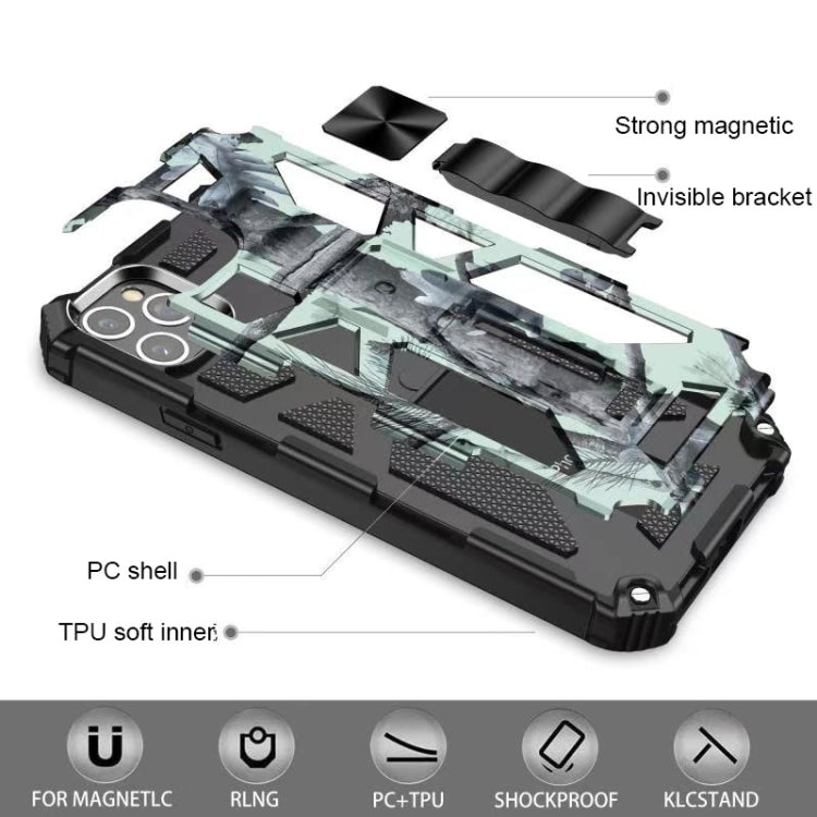 For iPhone 12 / 12 Pro Camouflage Armor Shockproof TPU + PC Magnetic Protective Case with Holder(Mint Green) by buy2fix