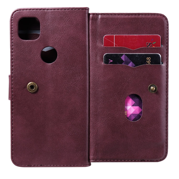For Google Pixel 4a 4G Multifunctional Magnetic Copper Buckle Horizontal Flip Leather Case with Bracket & 10 Card Slots & Wallet & Photo Frame(Wine Red) - Google Cases by buy2fix | Online Shopping UK | buy2fix