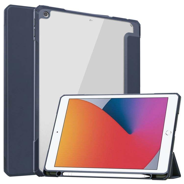 For iPad 10.2 2021 / 2020 / 2019 Transparent Acrylic + TPU Back Cover Horizontal Flip Leather Case with 3-folding Holder & Pen Holder & Sleep / Wake-up Function(Blue) - iPad 10.2 Cases by buy2fix | Online Shopping UK | buy2fix