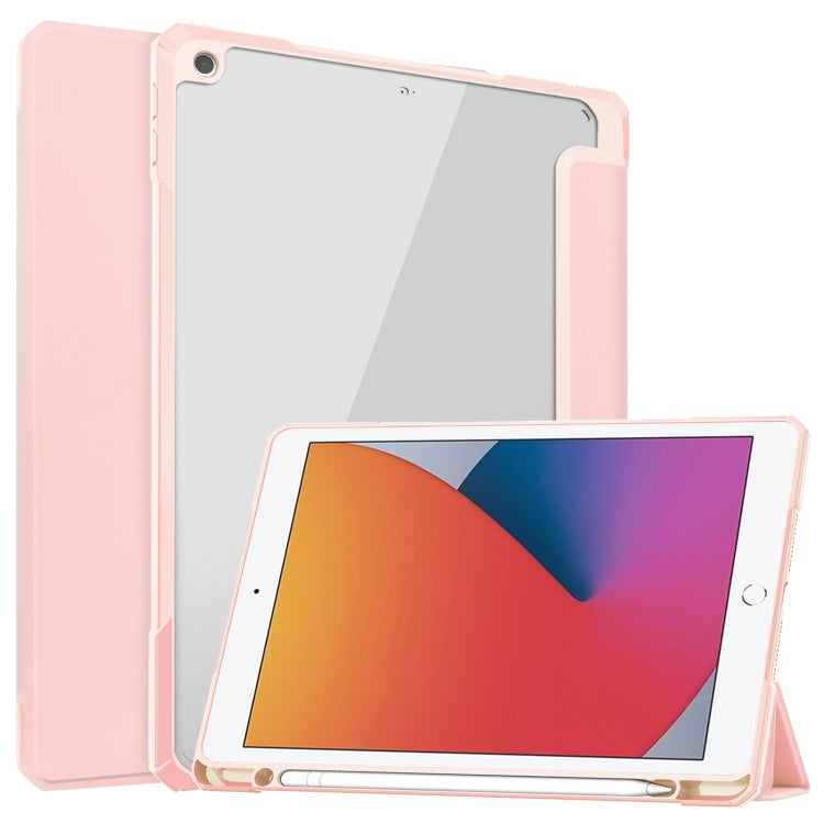 For iPad 10.2 2021 / 2020 / 2019 Transparent Acrylic + TPU Back Cover Horizontal Flip Leather Case with 3-folding Holder & Pen Holder & Sleep / Wake-up Function(Pink) - iPad 10.2 Cases by buy2fix | Online Shopping UK | buy2fix