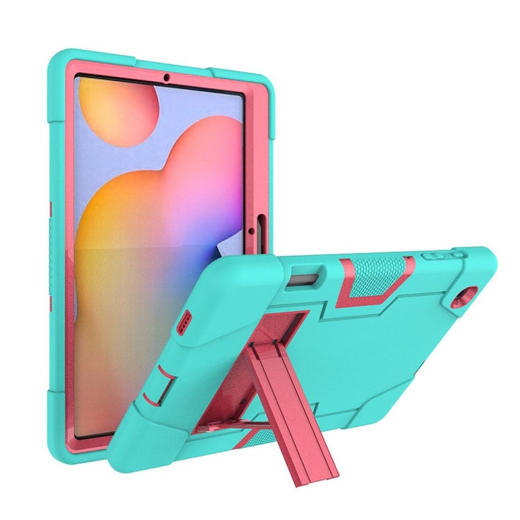 For Samsung Galaxy Tab S6 Lite P610 Contrast Color Robot Shockproof Silicon + PC Protective Case with Holder(Mint Green + Rose Red) - Tab S6 Lite P610 / P615 by buy2fix | Online Shopping UK | buy2fix