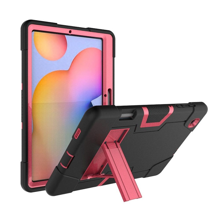 For Samsung Galaxy Tab S6 Lite P610 Contrast Color Robot Shockproof Silicon + PC Protective Case with Holder(Black + Rose Red) - Tab S6 Lite P610 / P615 by buy2fix | Online Shopping UK | buy2fix
