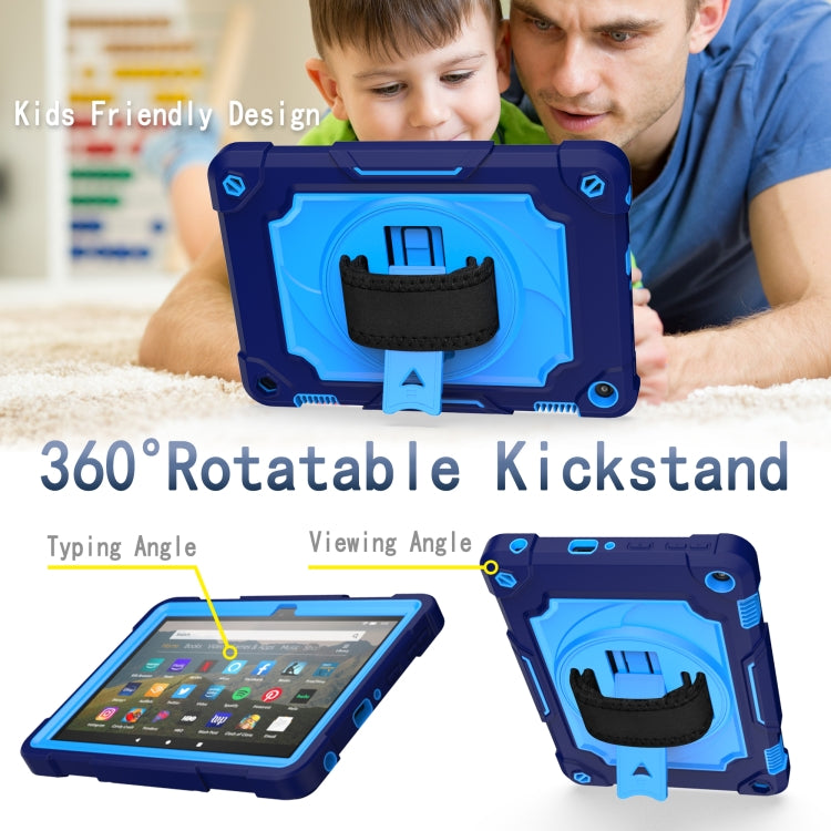 For Amazon Kindle Fire HD 8 2020 360 Degree Rotation Turntable Contrast Color Robot Shockproof Silicone + PC Protective Case with Holder(Navy Blue + Blue) - Amazon by buy2fix | Online Shopping UK | buy2fix
