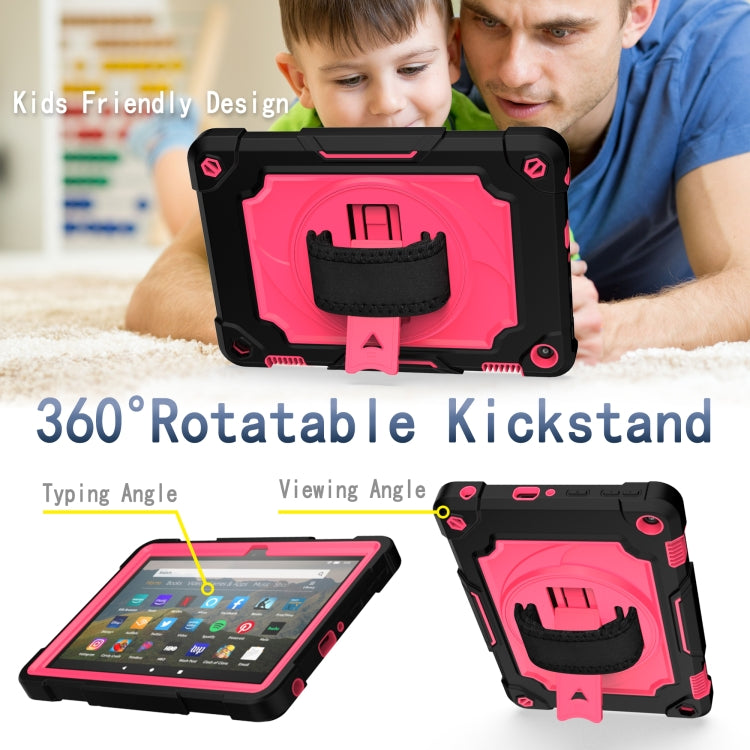 For Amazon Kindle Fire HD 8 2020 360 Degree Rotation Turntable Contrast Color Robot Shockproof Silicone + PC Protective Case with Holder(Black + Rose Red) - Amazon by buy2fix | Online Shopping UK | buy2fix