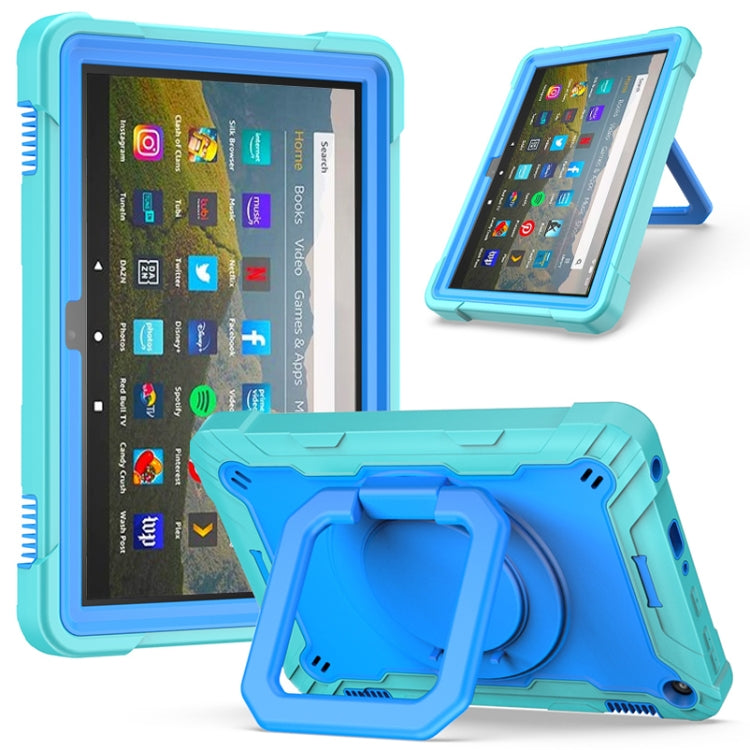 For Amazon Kindle Fire HD 8 (2020) Contrast Color Shockproof Robot Silicone + PC Case with Wristband Holder(Mint Green + Blue) - Amazon by buy2fix | Online Shopping UK | buy2fix