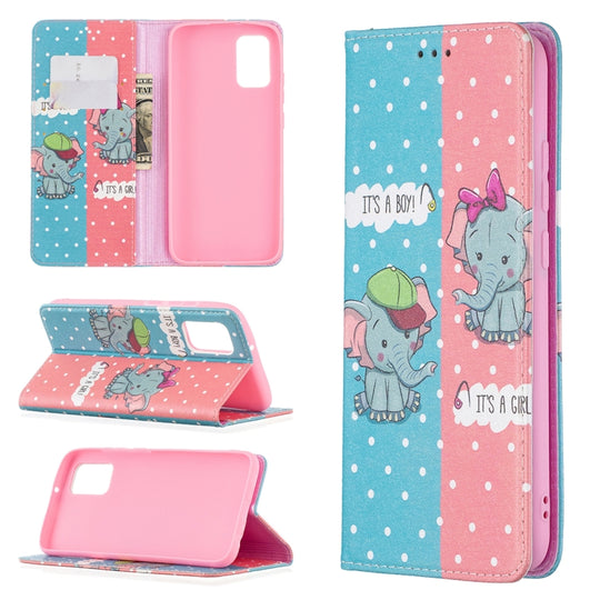 For Samsung Galaxy A02s (EU Version) Colored Drawing Pattern Invisible Magnetic Horizontal Flip PU Leather Case with Holder & Card Slots & Wallet(Elephant)