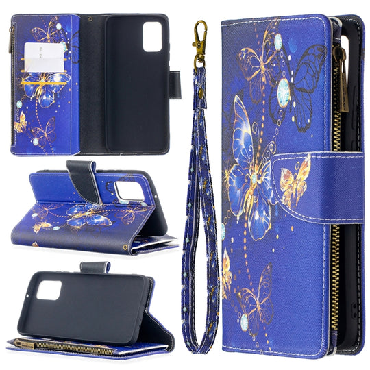 For Samsung Galaxy A02s (EU Version) Colored Drawing Pattern Zipper Horizontal Flip Leather Case with Holder & Card Slots & Wallet(Purple Butterflies)