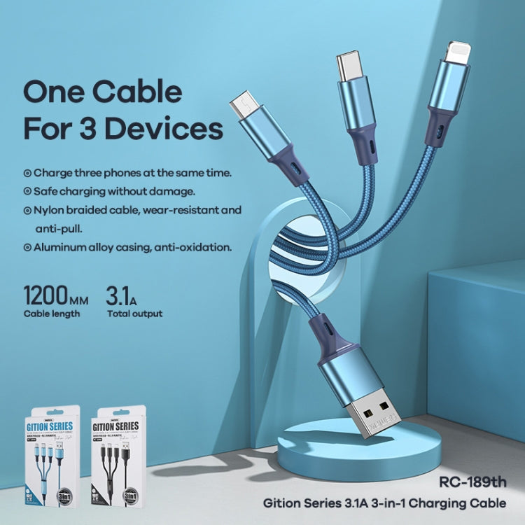 Remax RC-189th Gition Series 3.1A 3 In 1 8 Pin + Type-C / USB-C + Micro USB Aluminum Alloy Charging Cable, Length: 1.2m(Blue) - Multifunction Cable by REMAX | Online Shopping UK | buy2fix