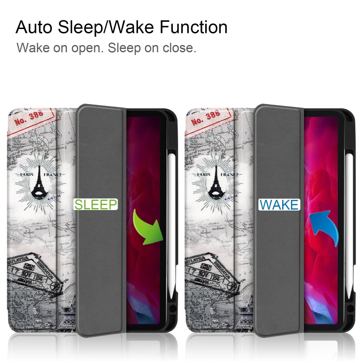 For iPad Pro 11 2022 / 2021 Colored Drawing Horizontal Flip TPU + PU Leather Tablet Case with Three-folding Holder & Sleep / Wake-up Function & Pen Slot(Eiffel Tower) - iPad Pro 11 (2022/2021) Cases by buy2fix | Online Shopping UK | buy2fix