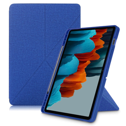 For Samsung Galaxy Tab S8 / Galaxy Tab S7 T870 Cloth Texture Multi-folding Horizontal Flip PU Leather Shockproof Case with Holder & Sleep / Wake-up Function(Blue) by buy2fix
