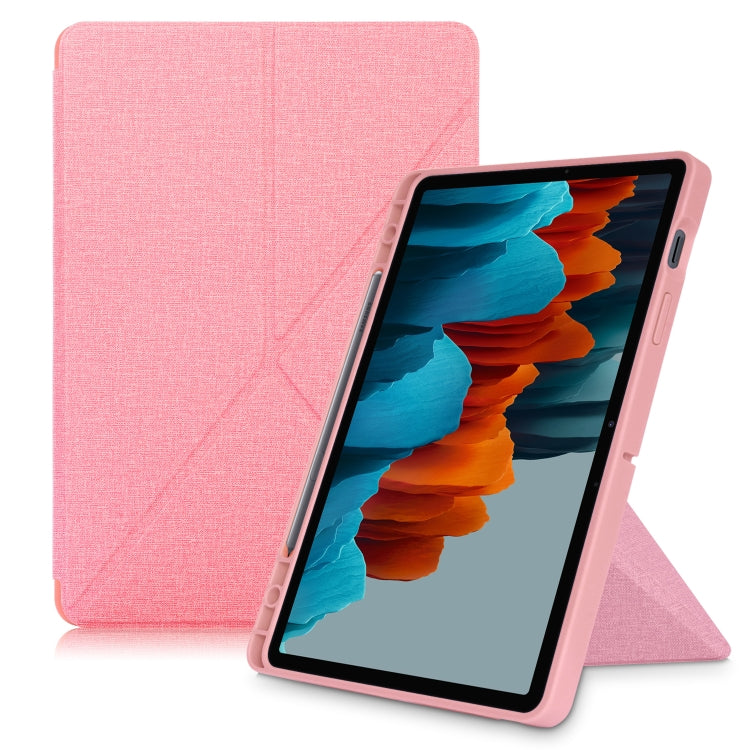 For Samsung Galaxy Tab S8 / Galaxy Tab S7 T870 Cloth Texture Multi-folding Horizontal Flip PU Leather Shockproof Case with Holder & Sleep / Wake-up Function(Pink) by buy2fix