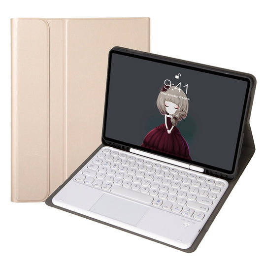 YA098B-A Detachable Lambskin Texture Round Keycap Bluetooth Keyboard Leather Tablet Case with Touch Control & Pen Slot & Stand For iPad Air 5 / 4 10.9 inch 2020 / Pro 11 inch 2020 / 2018(Gold)