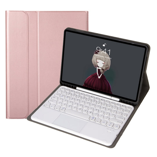 YA098B-A Detachable Lambskin Texture Round Keycap Bluetooth Keyboard Leather Tablet Case with Touch Control & Pen Slot & Stand For iPad Air 5 / 4 10.9 inch 2020 / Pro 11 inch 2020 / 2018(Rose Gold)