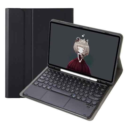 YA07B-A Detachable Lambskin Texture Round Keycap Bluetooth Keyboard Leather Tablet Case with Touch Control & Pen Slot & Stand For iPad 9.7 inch (2018) & (2017) / Pro 9.7 inch / Air 2 / Air(Black)