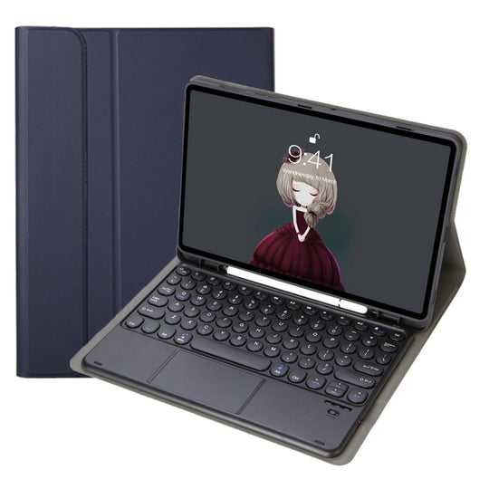 YA07B-A Detachable Lambskin Texture Round Keycap Bluetooth Keyboard Leather Tablet Case with Touch Control & Pen Slot & Stand For iPad 9.7 inch (2018) & (2017) / Pro 9.7 inch / Air 2 / Air(Dark Blue)