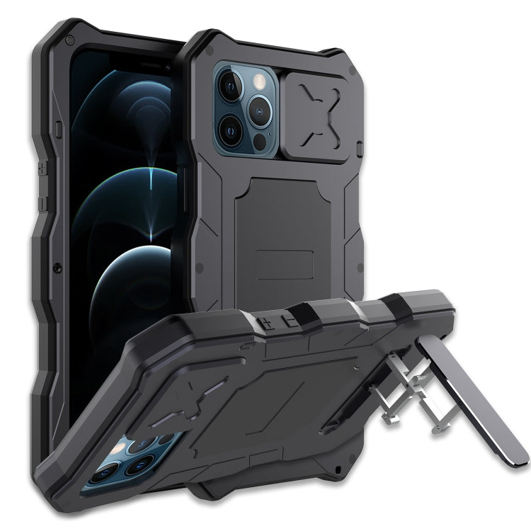 For iPhone 12 / 12 Pro Aluminum Alloy + Silicone Anti-dust Full Body Protection with Holder(Black) - iPhone 12 / 12 Pro Cases by buy2fix | Online Shopping UK | buy2fix