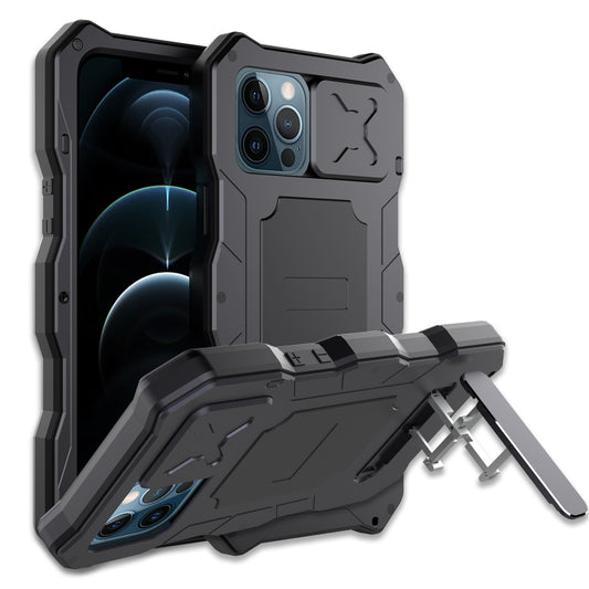 For iPhone 12 / 12 Pro Aluminum Alloy + Silicone Anti-dust Full Body Protection with Holder(Black) - iPhone 12 / 12 Pro Cases by buy2fix | Online Shopping UK | buy2fix