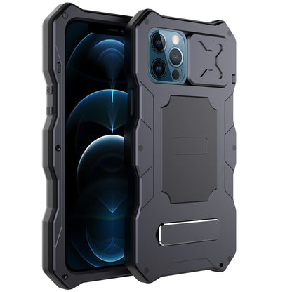 For iPhone 12 / 12 Pro Aluminum Alloy + Silicone Anti-dust Full Body Protection with Holder(Black) - iPhone 12 / 12 Pro Cases by buy2fix | Online Shopping UK | buy2fix
