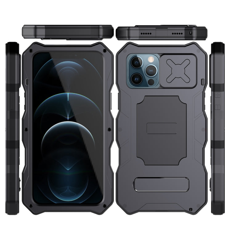For iPhone 12 / 12 Pro Aluminum Alloy + Silicone Anti-dust Full Body Protection with Holder(Black) - iPhone 12 / 12 Pro Cases by buy2fix | Online Shopping UK | buy2fix