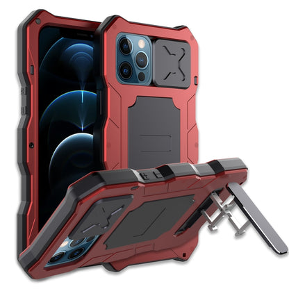 For iPhone 12 / 12 Pro Aluminum Alloy + Silicone Anti-dust Full Body Protection with Holder(Red) - iPhone 12 / 12 Pro Cases by buy2fix | Online Shopping UK | buy2fix