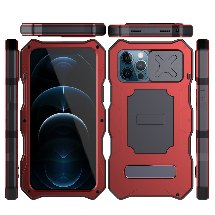 For iPhone 12 / 12 Pro Aluminum Alloy + Silicone Anti-dust Full Body Protection with Holder(Red) - iPhone 12 / 12 Pro Cases by buy2fix | Online Shopping UK | buy2fix