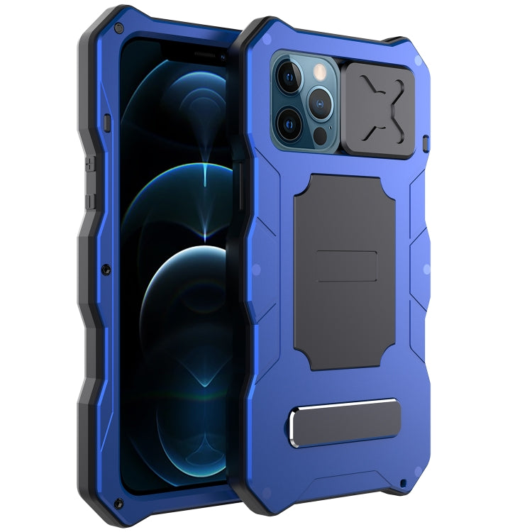 For iPhone 12 / 12 Pro Aluminum Alloy + Silicone Anti-dust Full Body Protection with Holder(Blue) - iPhone 12 / 12 Pro Cases by buy2fix | Online Shopping UK | buy2fix
