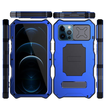 For iPhone 12 / 12 Pro Aluminum Alloy + Silicone Anti-dust Full Body Protection with Holder(Blue) - iPhone 12 / 12 Pro Cases by buy2fix | Online Shopping UK | buy2fix