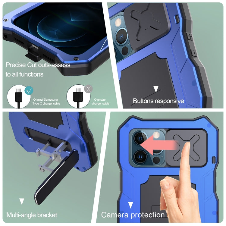 For iPhone 12 / 12 Pro Aluminum Alloy + Silicone Anti-dust Full Body Protection with Holder(Blue) - iPhone 12 / 12 Pro Cases by buy2fix | Online Shopping UK | buy2fix