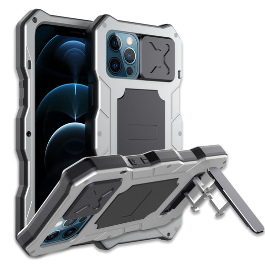 For iPhone 12 / 12 Pro Aluminum Alloy + Silicone Anti-dust Full Body Protection with Holder(Silver) - iPhone 12 / 12 Pro Cases by buy2fix | Online Shopping UK | buy2fix