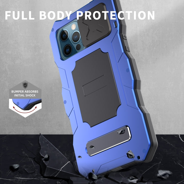 For iPhone 12 Pro Max Aluminum Alloy + Silicone Anti-dust Full Body Protection with Holder(Blue) - iPhone 12 Pro Max Cases by buy2fix | Online Shopping UK | buy2fix