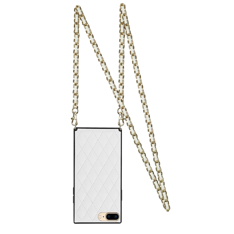 For iPhone SE 2022 / SE 2020 / 8 / 7 Elegant Rhombic Pattern Microfiber Leather +TPU Shockproof Case with Crossbody Strap Chain(White) - iPhone SE 2022 / 2020 / 8 / 7 Cases by buy2fix | Online Shopping UK | buy2fix