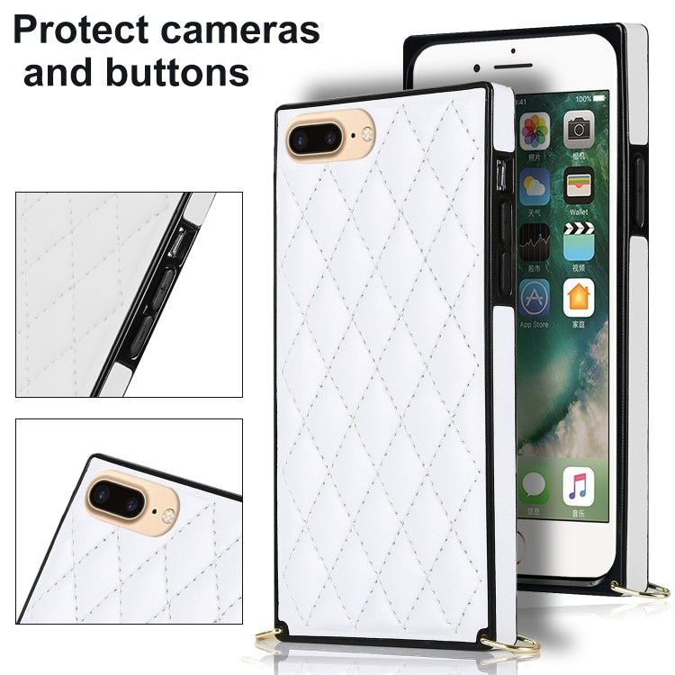 For iPhone SE 2022 / SE 2020 / 8 / 7 Elegant Rhombic Pattern Microfiber Leather +TPU Shockproof Case with Crossbody Strap Chain(White) - iPhone SE 2022 / 2020 / 8 / 7 Cases by buy2fix | Online Shopping UK | buy2fix