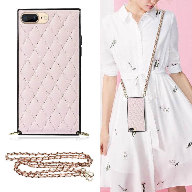 For iPhone SE 2022 / SE 2020 / 8 / 7 Elegant Rhombic Pattern Microfiber Leather +TPU Shockproof Case with Crossbody Strap Chain(Pink) - iPhone SE 2022 / 2020 / 8 / 7 Cases by buy2fix | Online Shopping UK | buy2fix