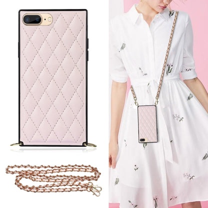 For iPhone SE 2022 / SE 2020 / 8 / 7 Elegant Rhombic Pattern Microfiber Leather +TPU Shockproof Case with Crossbody Strap Chain(Pink) - iPhone SE 2022 / 2020 / 8 / 7 Cases by buy2fix | Online Shopping UK | buy2fix